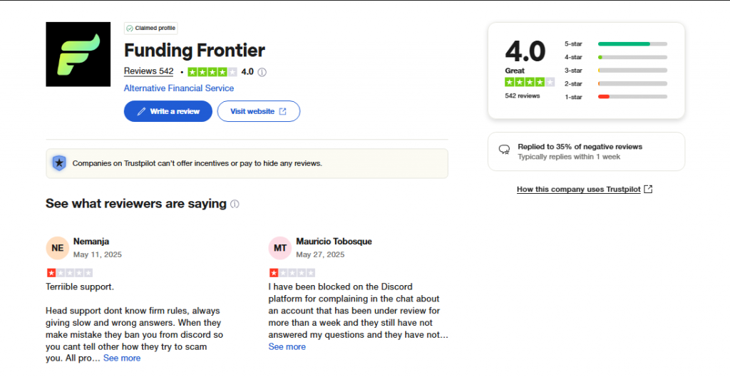avis sur trustpilot de funding frontier